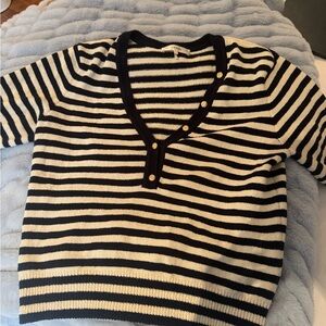 Frame Denim Black and White Striped V-Neck Sweater